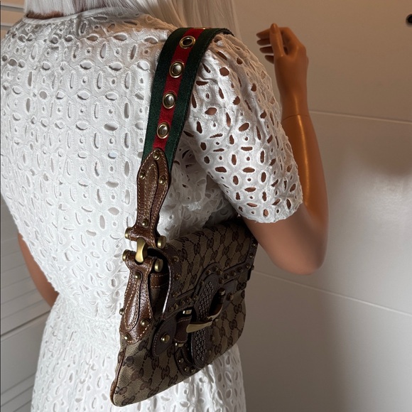 Gucci GG monogram studded horse bit web shoulder bag